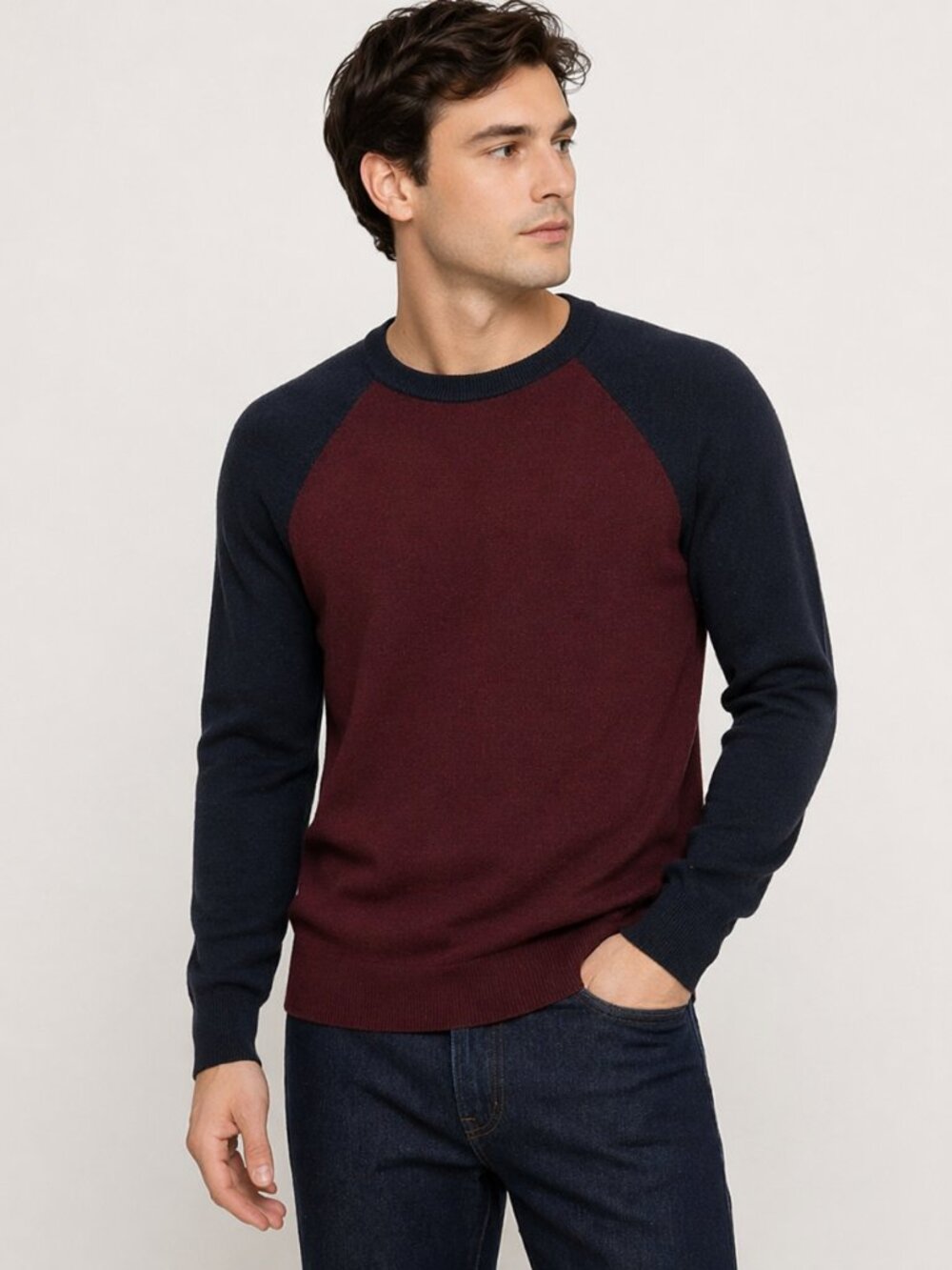Banana Republic Italian Merino Wool Sweater Men’s Burgundy Navy Raglan Crewneck